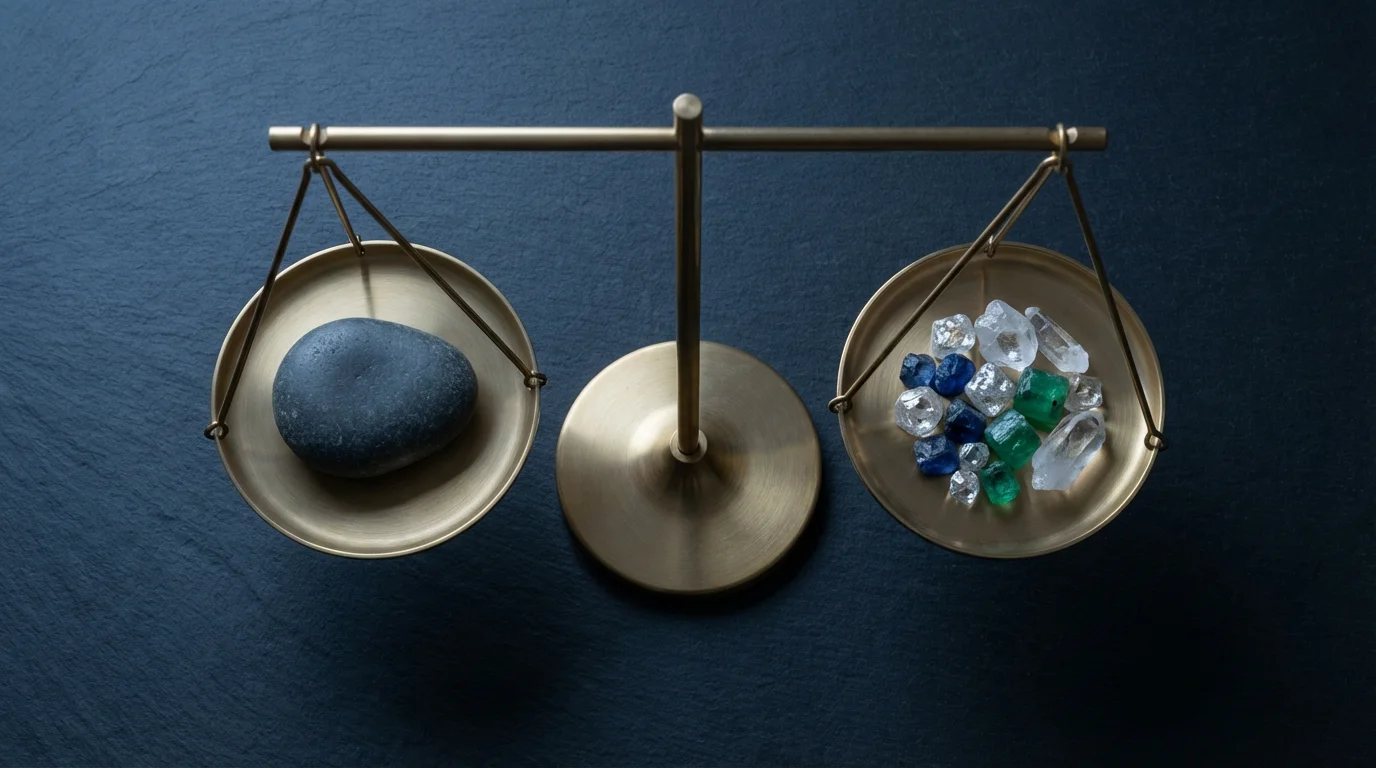 A flat lay of a brass scale balancing a stable river stone against risky gemstones.