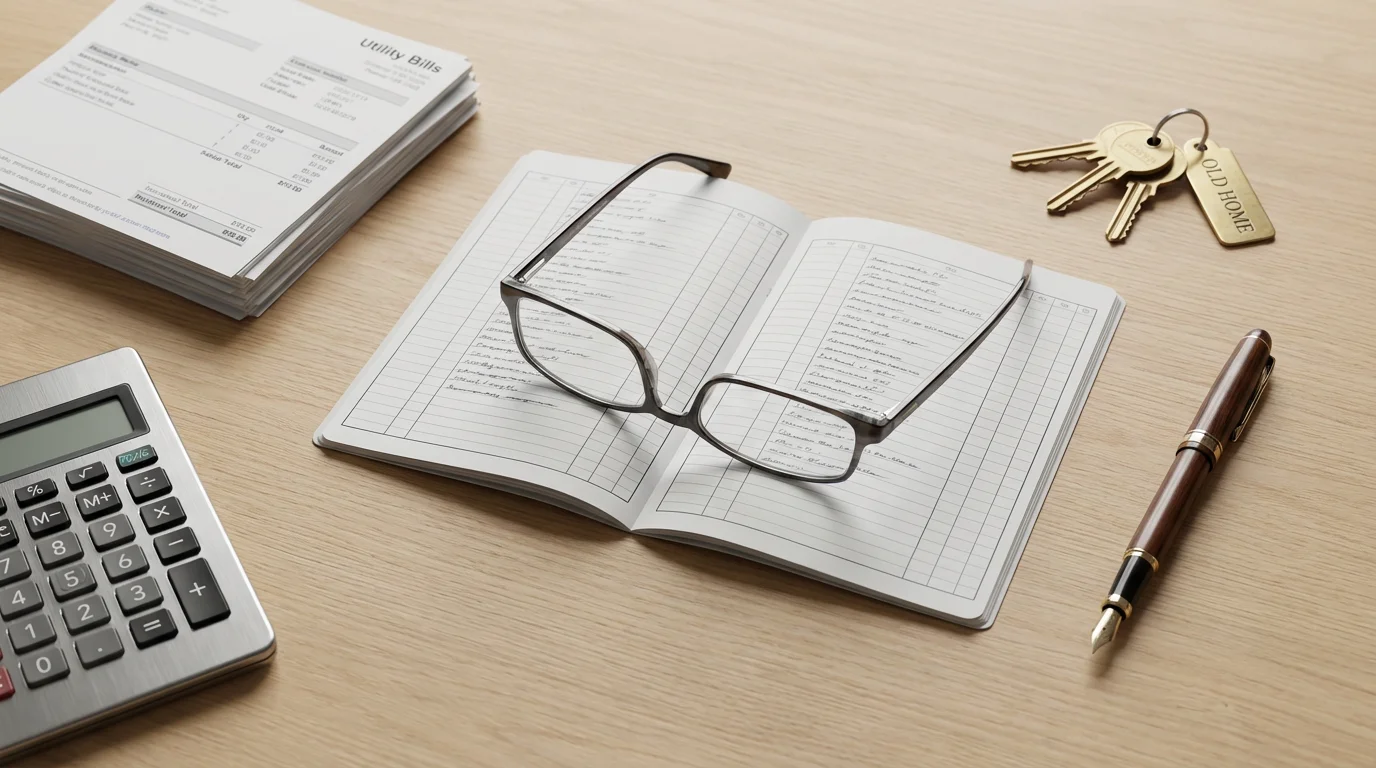 A flat lay of a calculator, bills, reading glasses, and house keys on a desk.