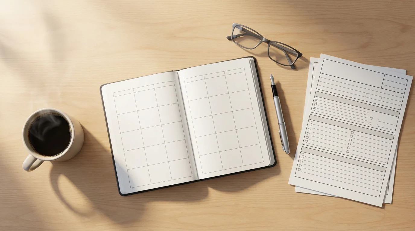 A flat lay of a desk with planner, glasses, and forms for an appeal.