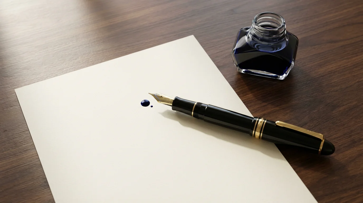 A flat lay of a fountain pen, inkwell, and blank paper on a desk.