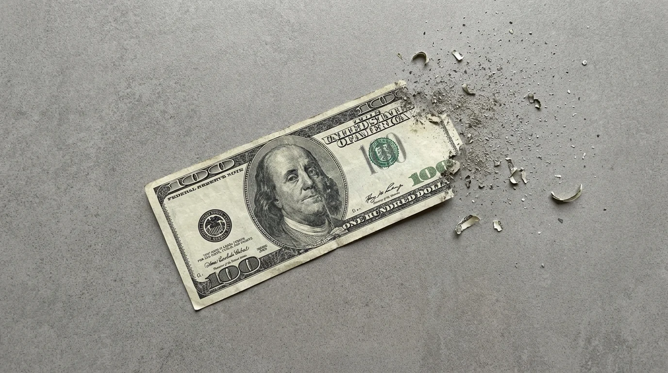 A flat lay of a hundred-dollar bill crumbling into dust on a gray surface.