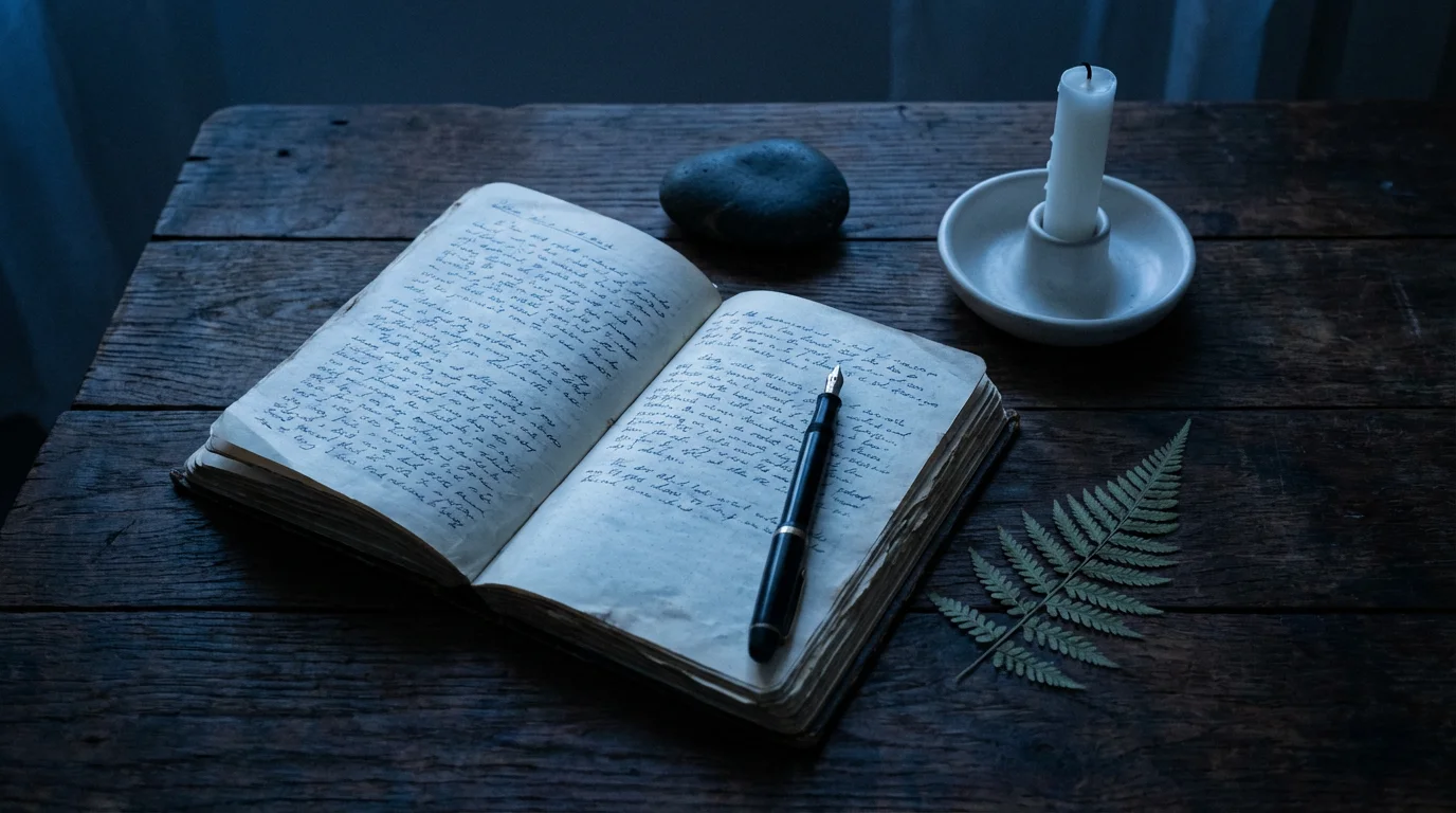 A flat lay of a journal, pen, river stone, and candle on a wooden table.