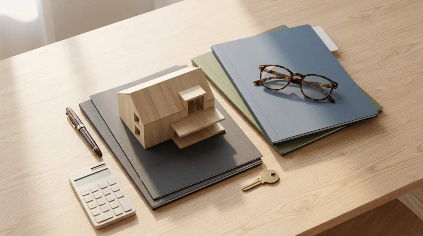A flat lay of a model house, calculator, and different colored folders representing mortgage options.