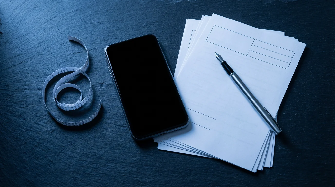 A flat lay of a phone, blank report forms, and a pen for reporting fraud.