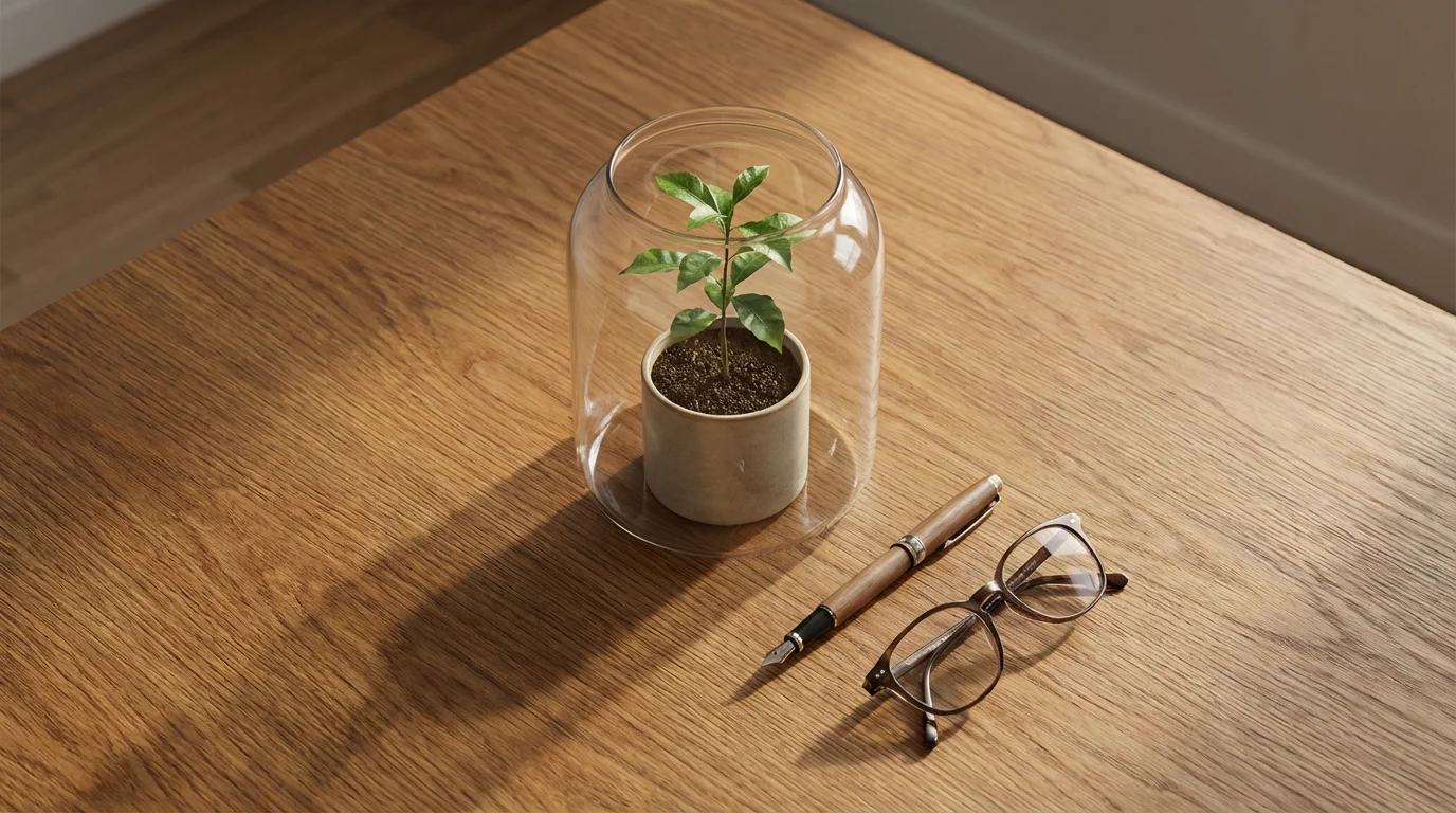 A flat lay of a protected sapling in a terrarium with a pen.