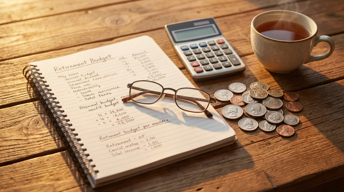 A flat lay of a retirement budget scene with a notebook, calculator, coins, and a teacup.