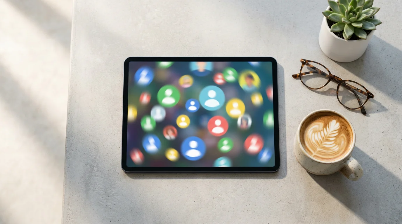 A flat lay of a tablet showing an online community, with coffee and glasses.