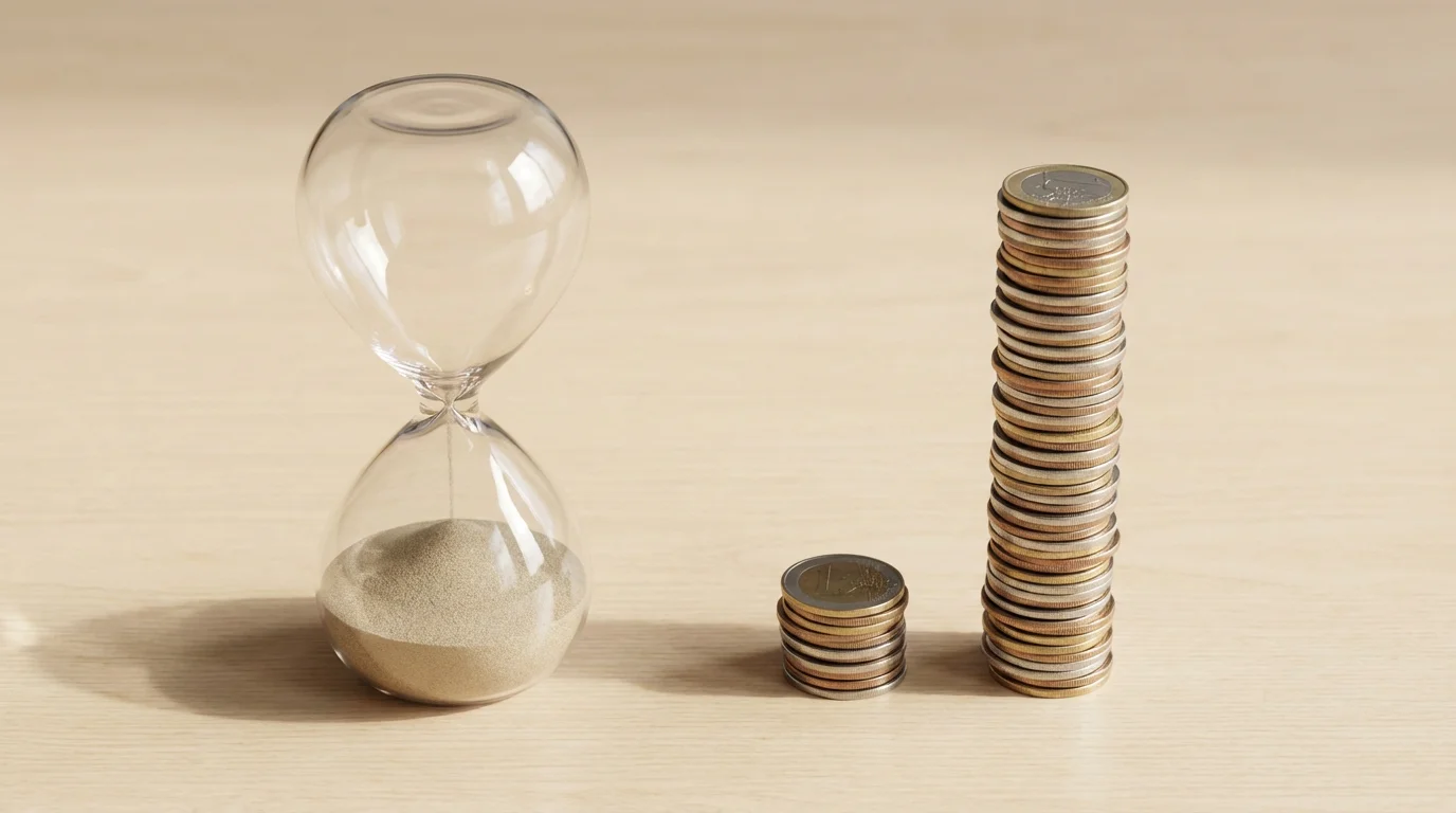 A flat lay of an hourglass and two unequal stacks of coins symbolizing retirement savings.
