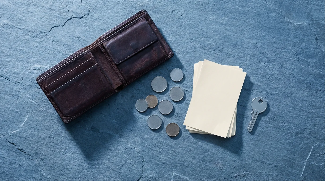 A flat lay of an open wallet, coins, blank receipts, and a house key.