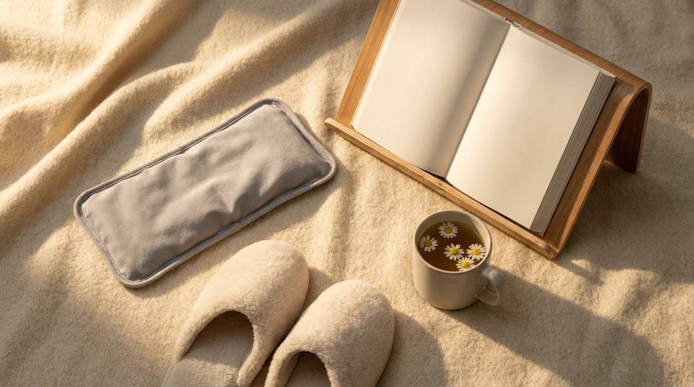 A flat lay of comfort items including a gel pack, slippers, and tea.