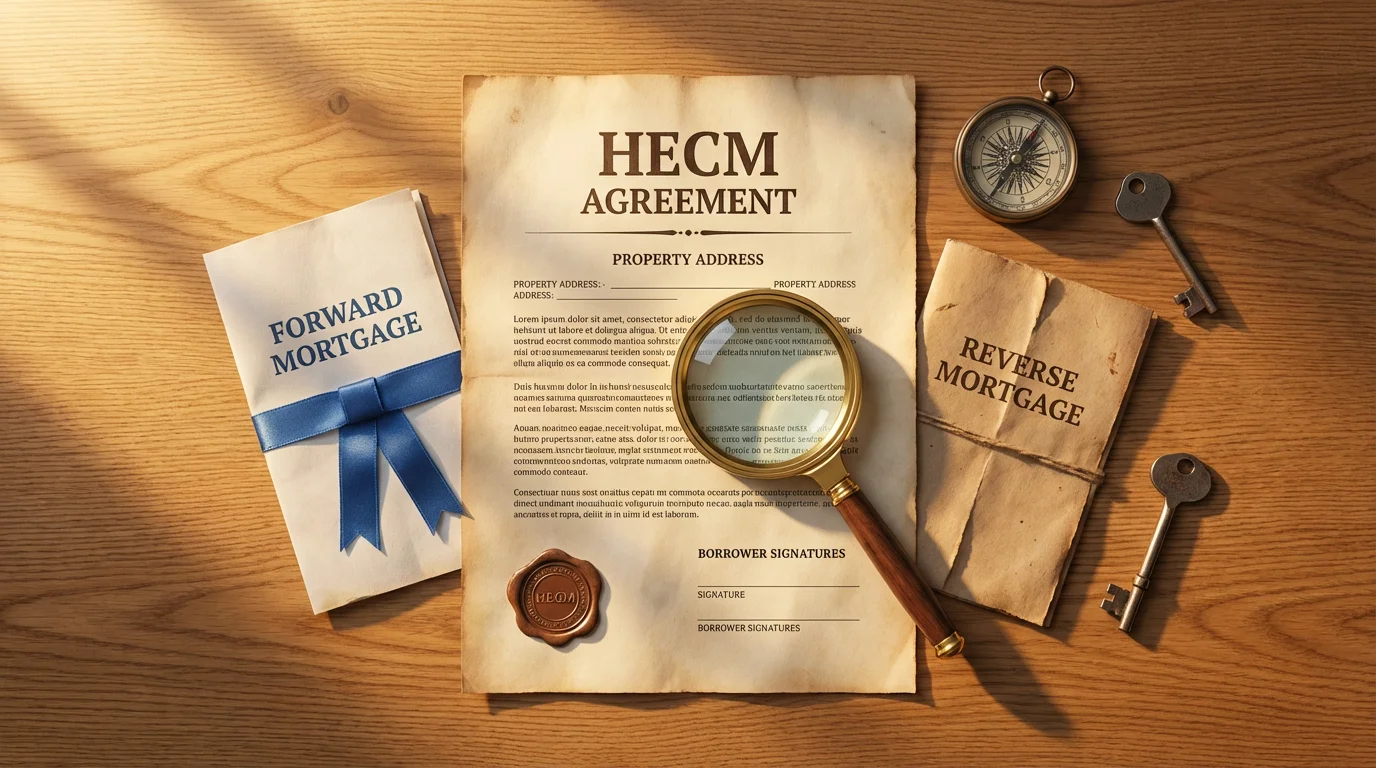 A flat lay of documents, a house key, magnifying glass, and compass at sunset.