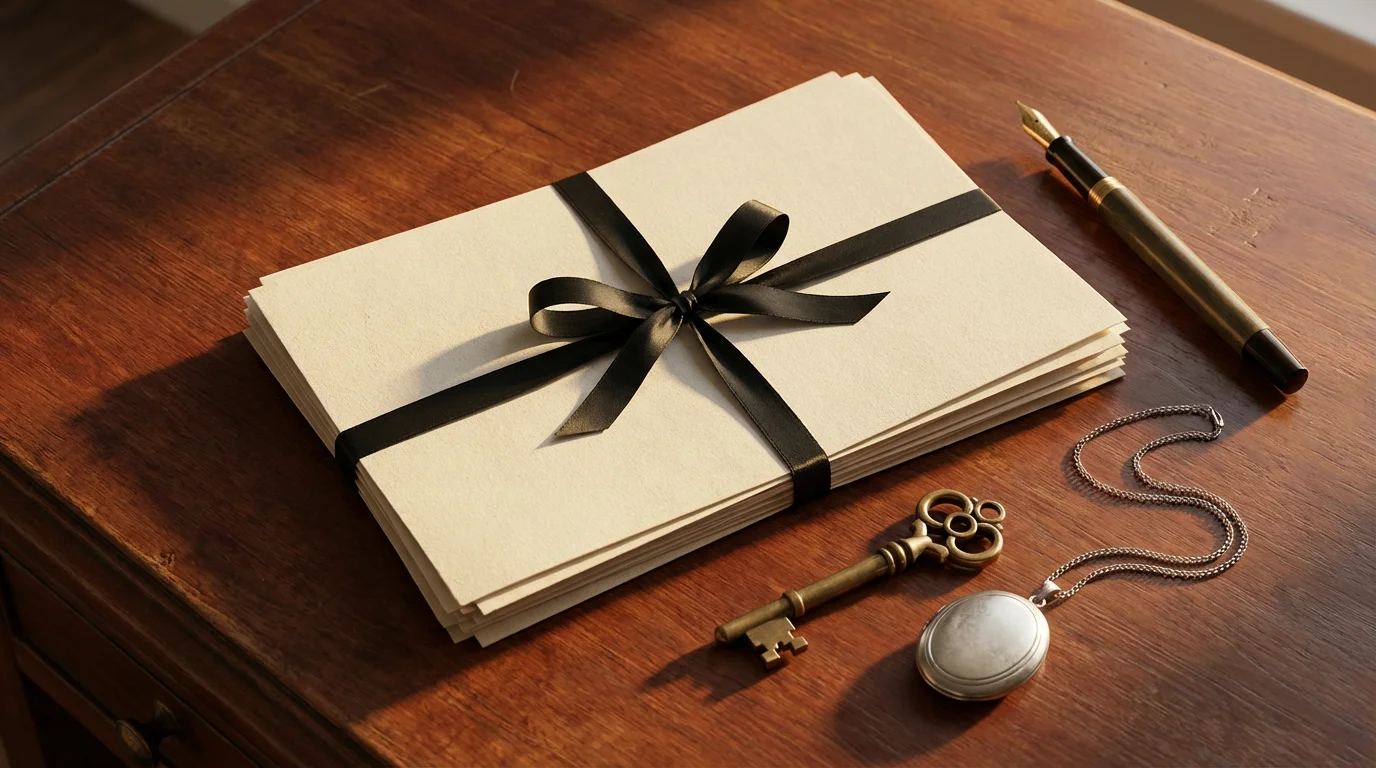 A flat lay of estate planning documents, a pen, a key, and a locket.