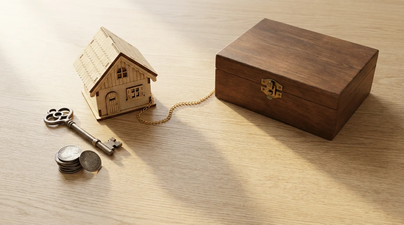 A flat lay of estate symbols like a model house connected to a medical box by a golden chain.