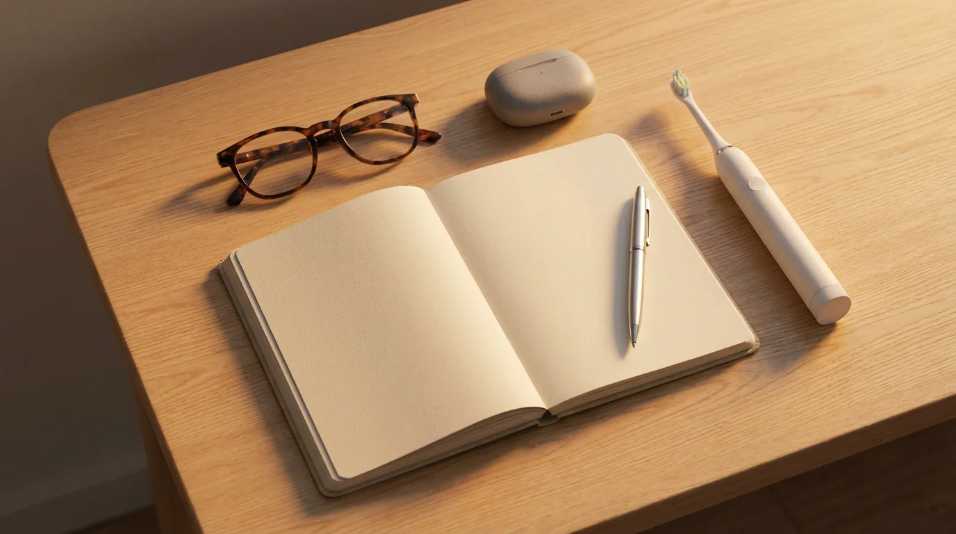 A flat lay of eyeglasses, a toothbrush, and a hearing aid case next to a notebook.