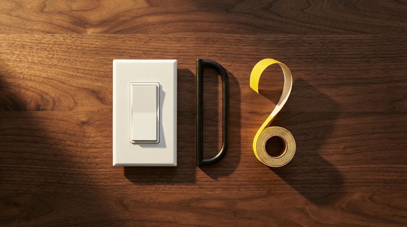 A flat lay of home accessibility items including a rocker switch and cabinet pull.