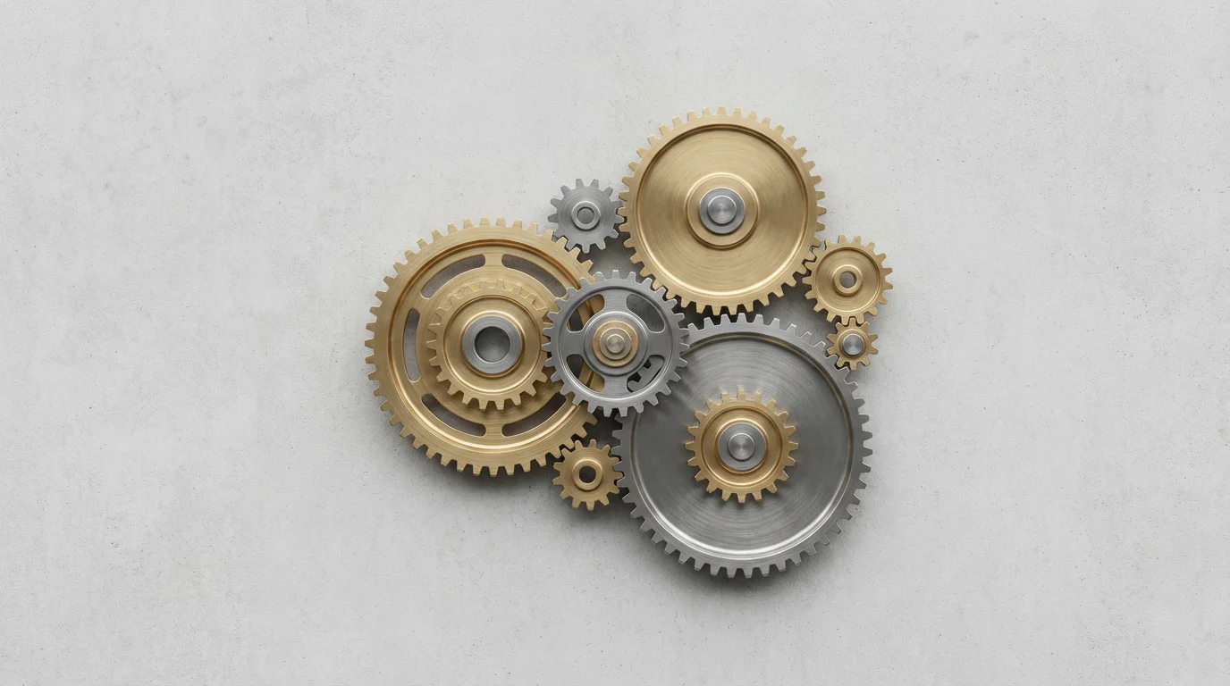 A flat lay of interlocking metal gears on a concrete surface, symbolizing estate planning.
