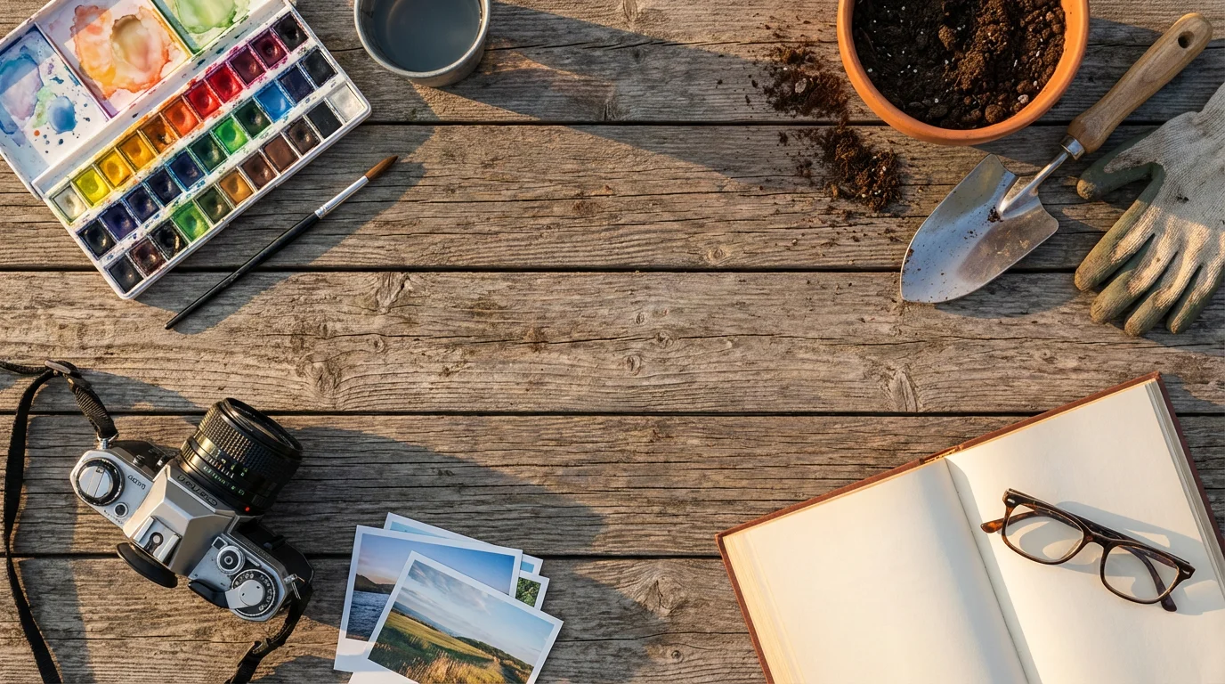 A flat lay of items representing hobbies like painting, gardening, photography, and reading.