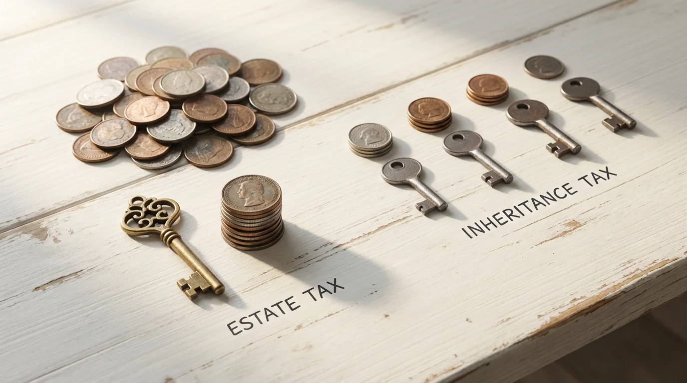 A flat lay of keys and coins symbolizing the difference between estate and inheritance tax.