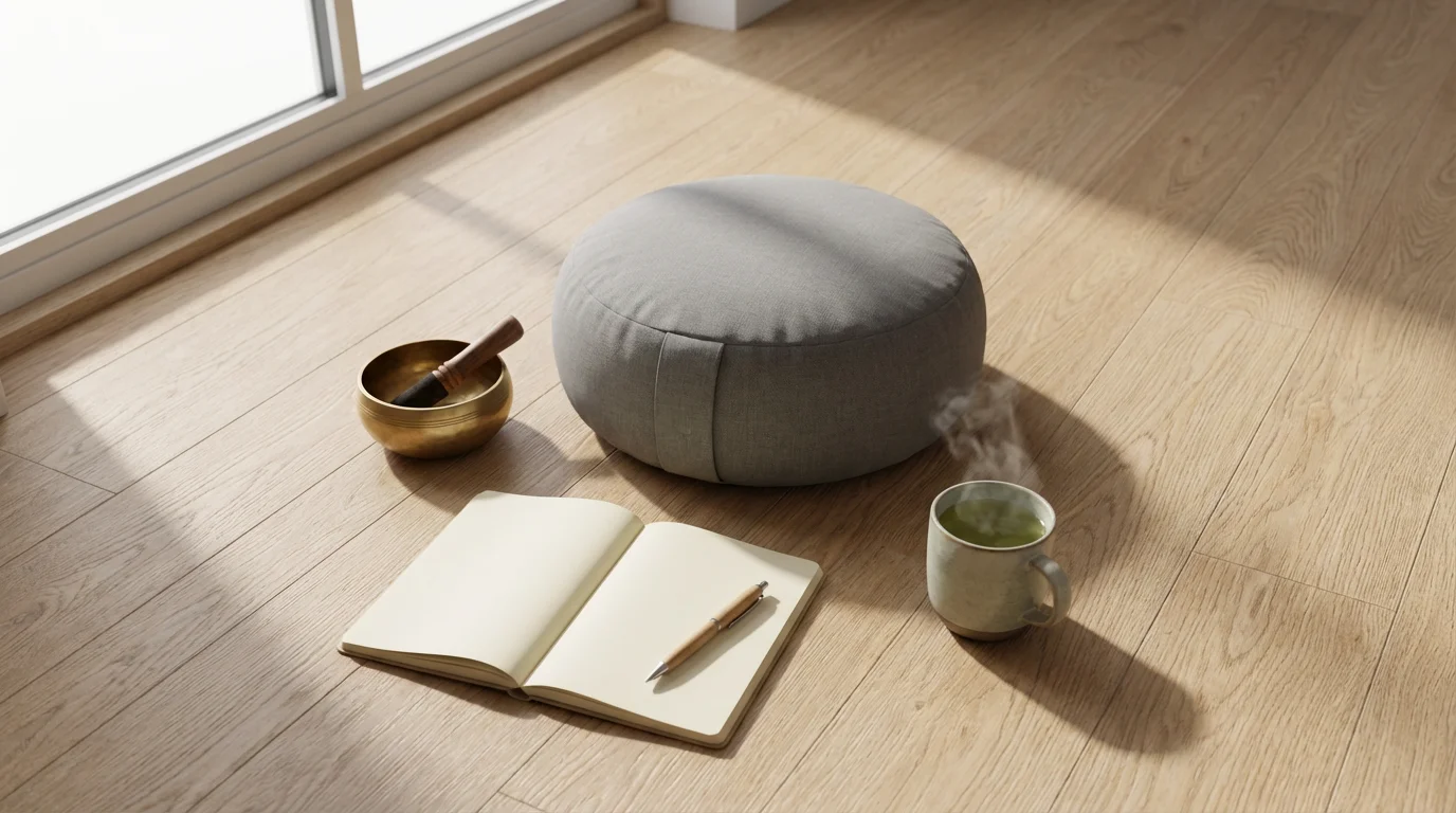 A flat lay of mindfulness items: a meditation cushion, singing bowl, journal, and tea.