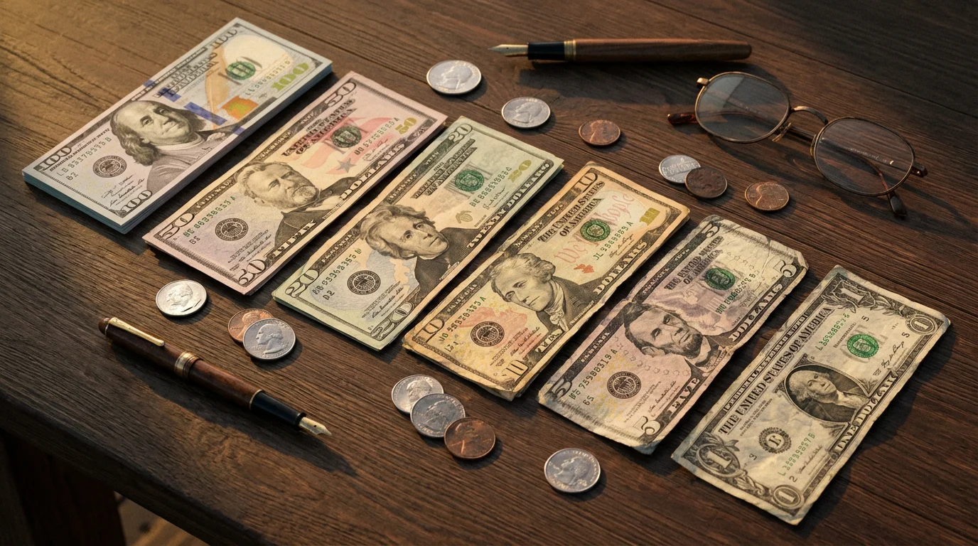 A flat lay of new and weathered money with glasses, representing inflation eroding savings.