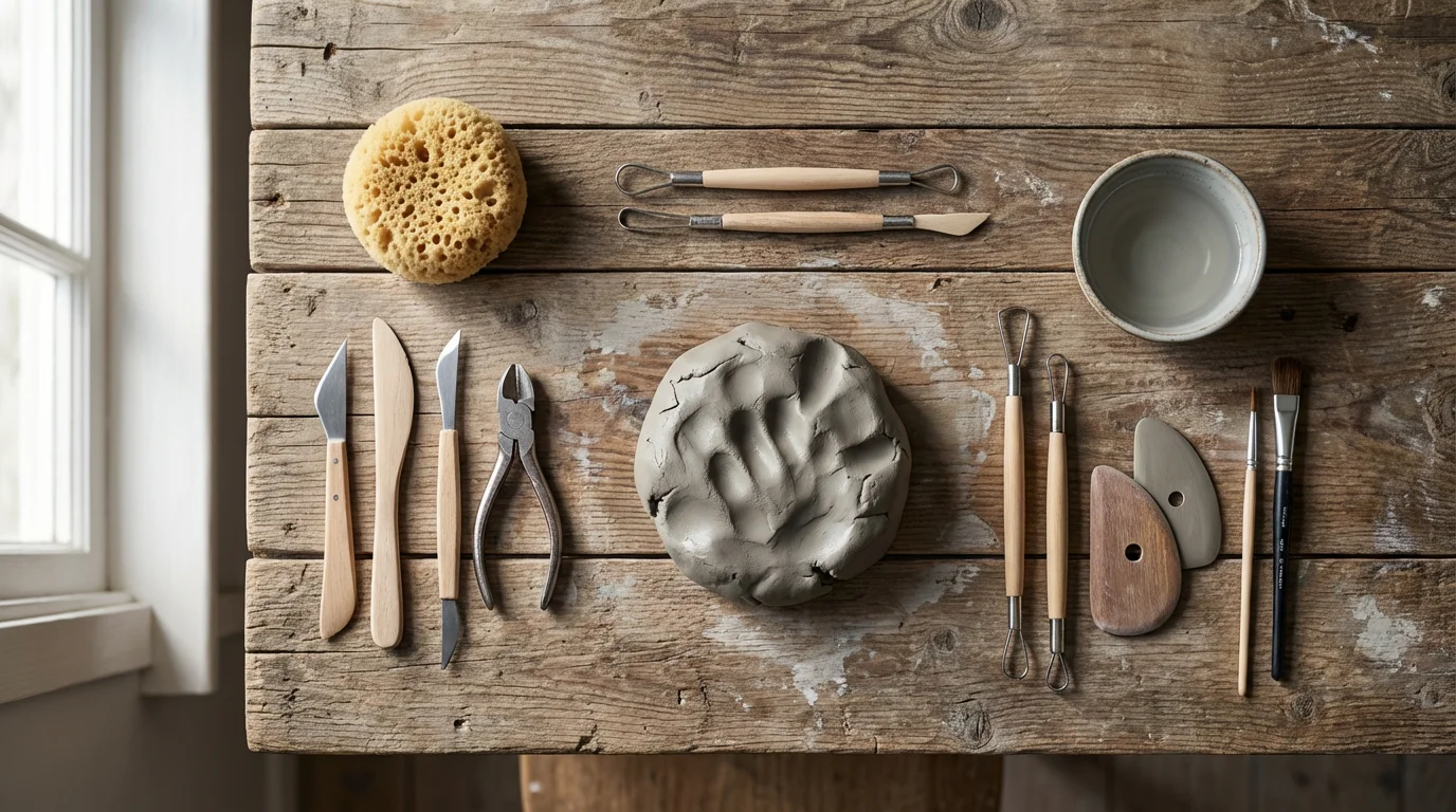 A flat lay of pottery tools and wet clay on a wooden work surface.