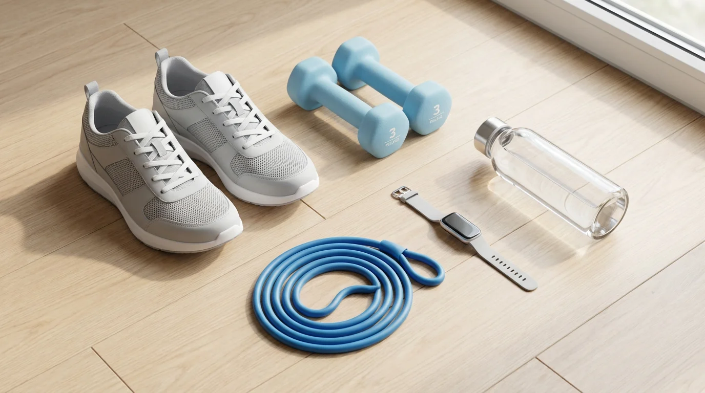 A flat lay of senior fitness gear including sneakers, dumbbells, and a resistance band.