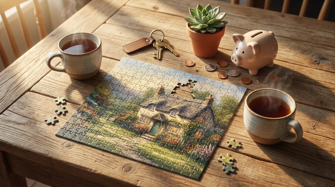 A flat lay of teacups, a puzzle, house keys, and a piggy bank.