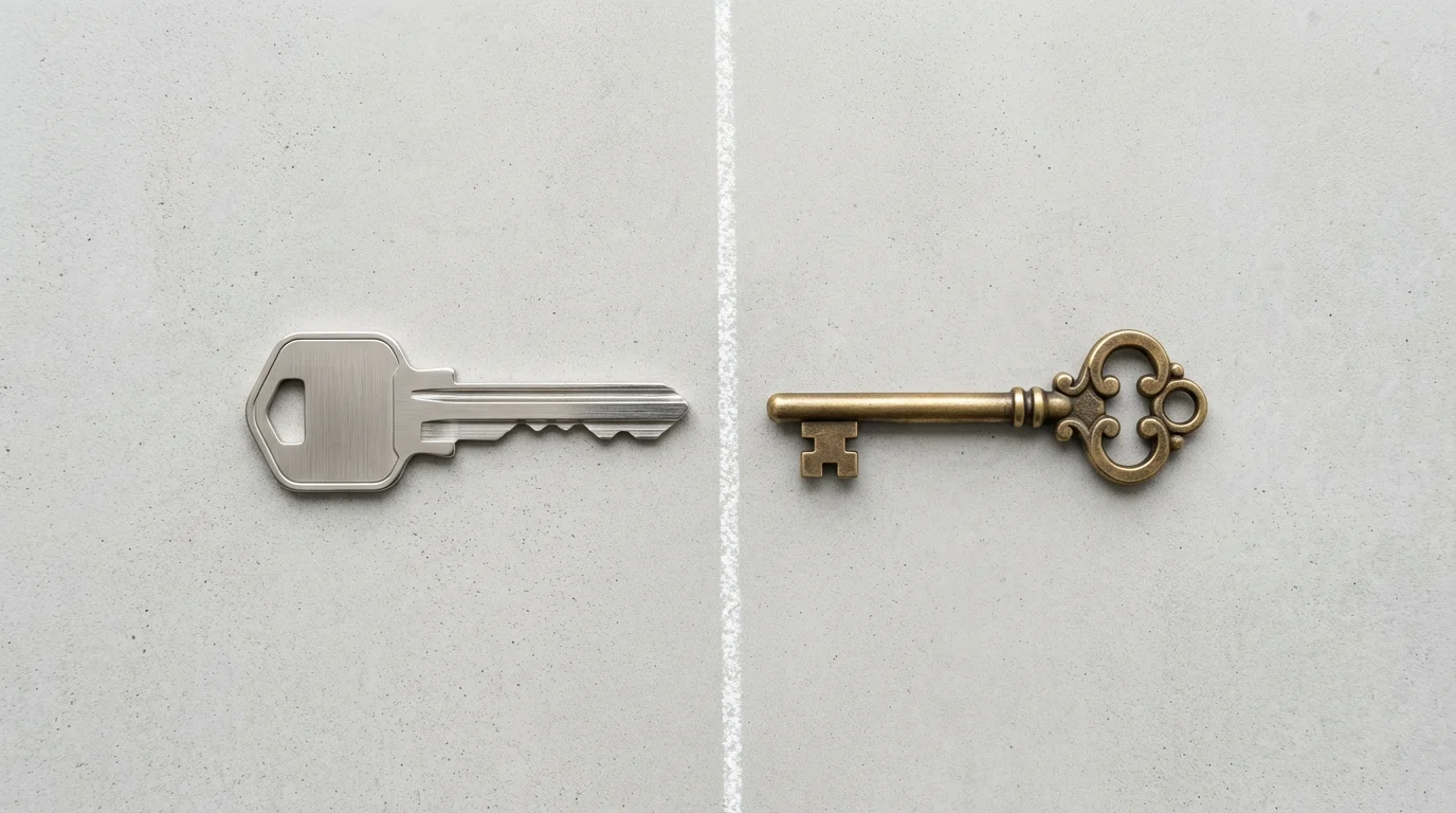 A flat lay of two different house keys separated by a chalk line.