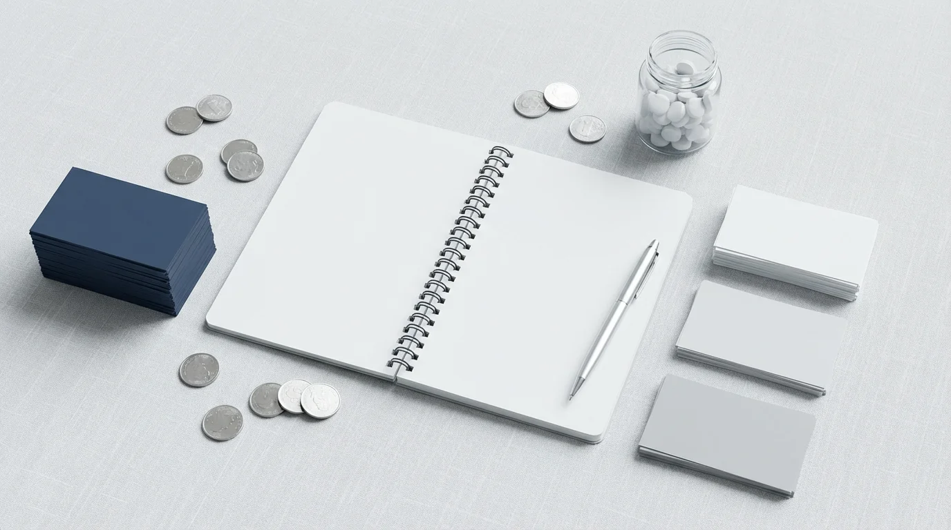 A flat lay representing Medicare choices with separate paths of blank cards and coins.