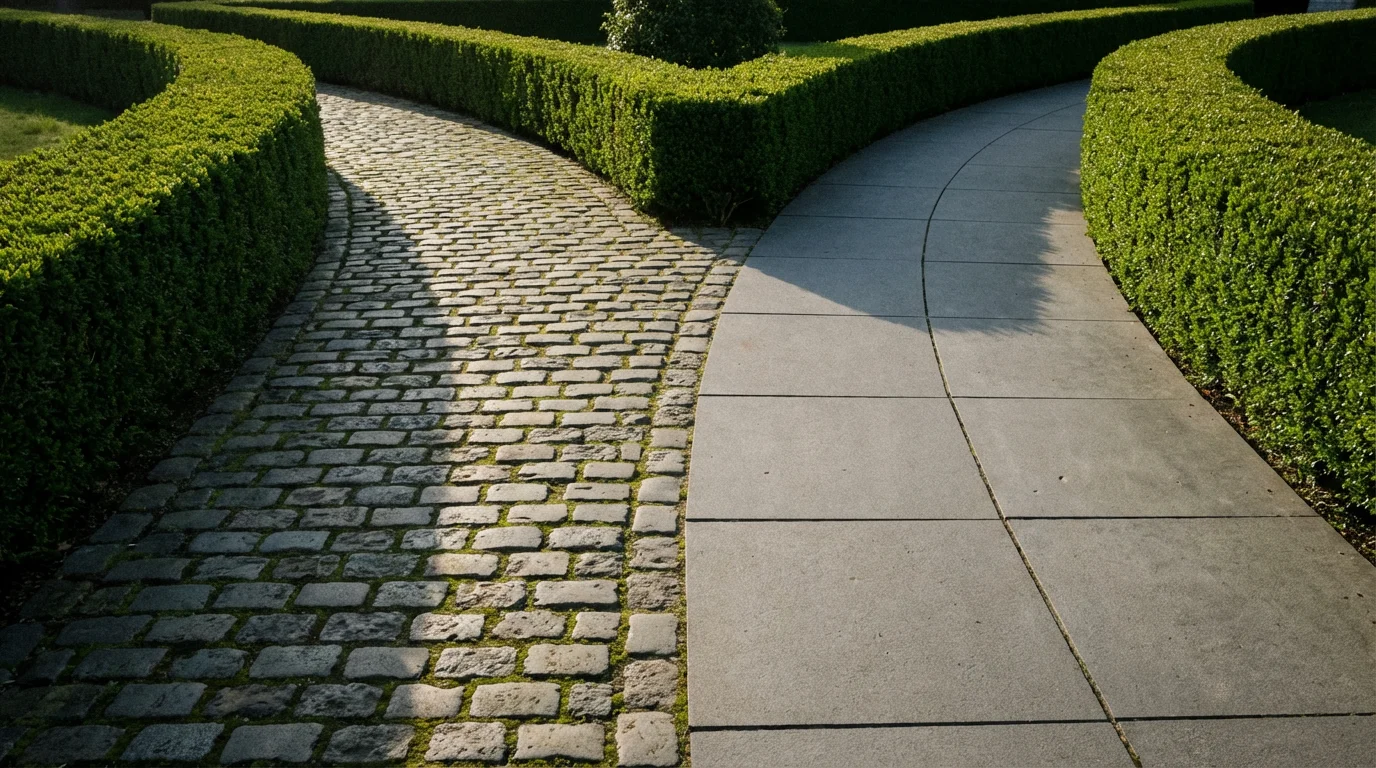 A garden path splitting into a traditional cobblestone path and a modern concrete path.