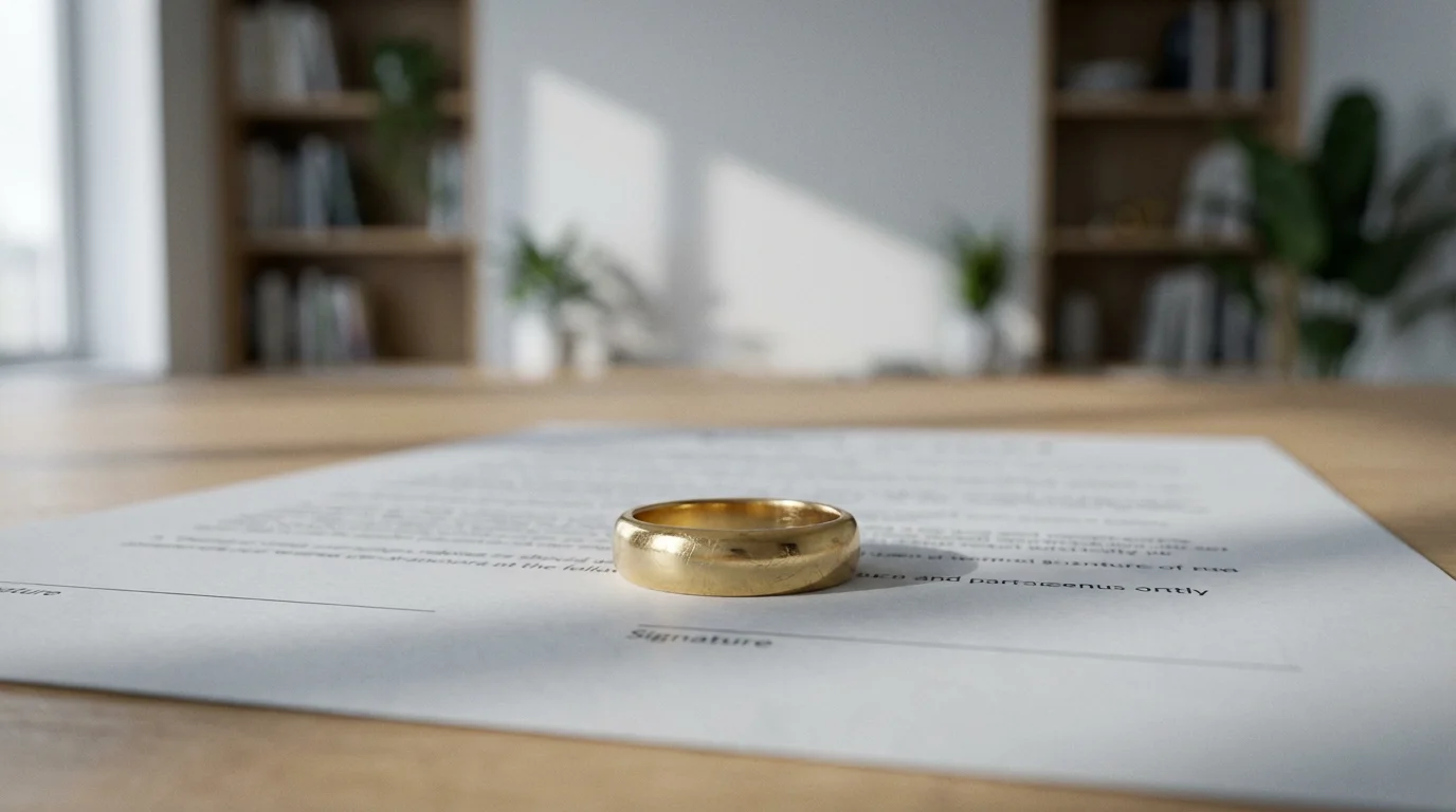 A gold wedding ring sits on a formal document, symbolizing outdated estate planning.