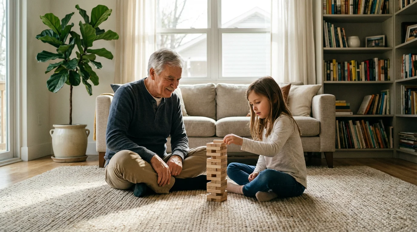 A grandfather and granddaughter playing a wooden block game in a sunlit living room.
