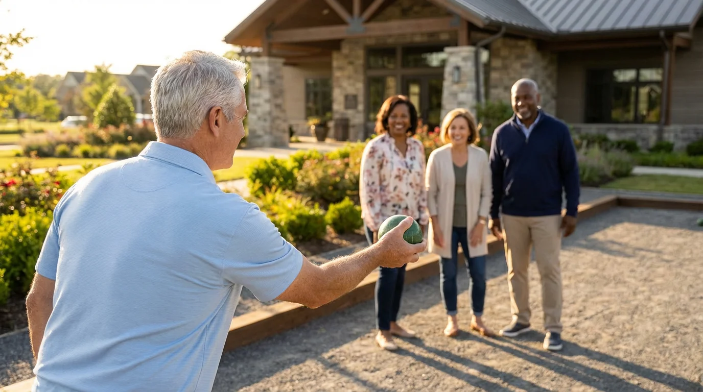 A group of active seniors playing a game of bocce ball at sunset.