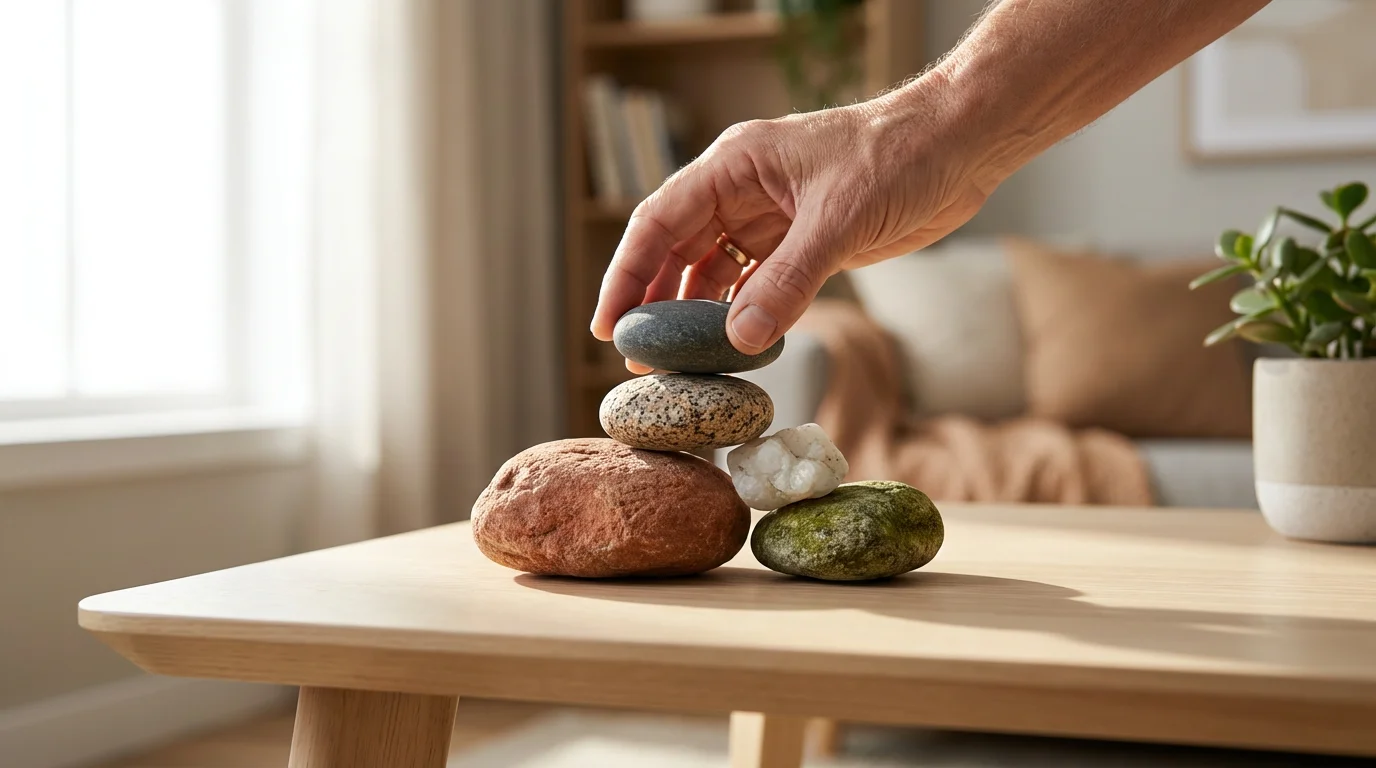 A hand carefully stacking stones of different types, symbolizing integrating finances for retirement planning.