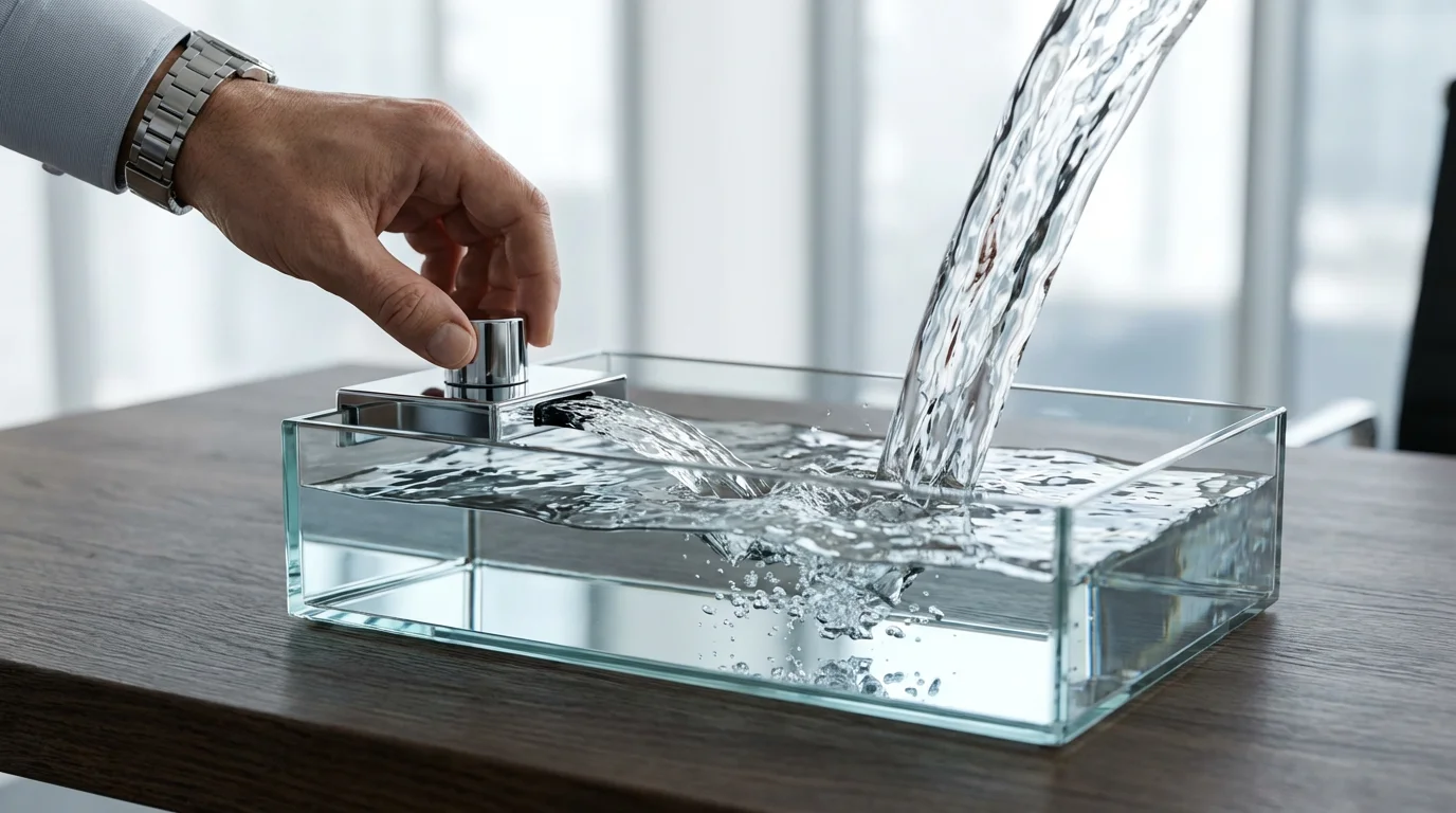 A hand turns a chrome knob, adding a powerful stream of water to a basin.