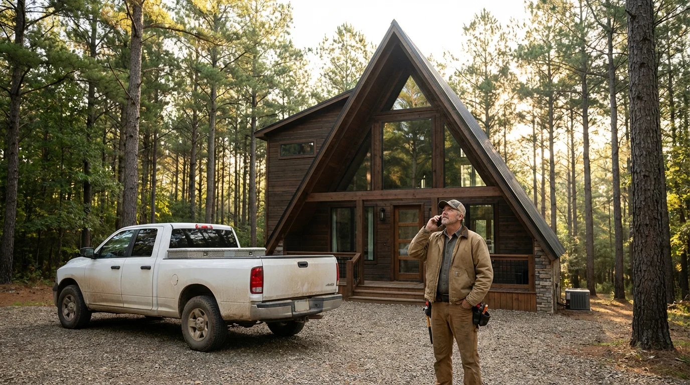 A handyman on the phone outside a modern A-frame cabin in the woods.