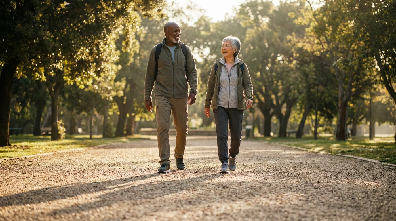 A happy, active senior couple enjoys a morning walk on a sunlit path in a park.