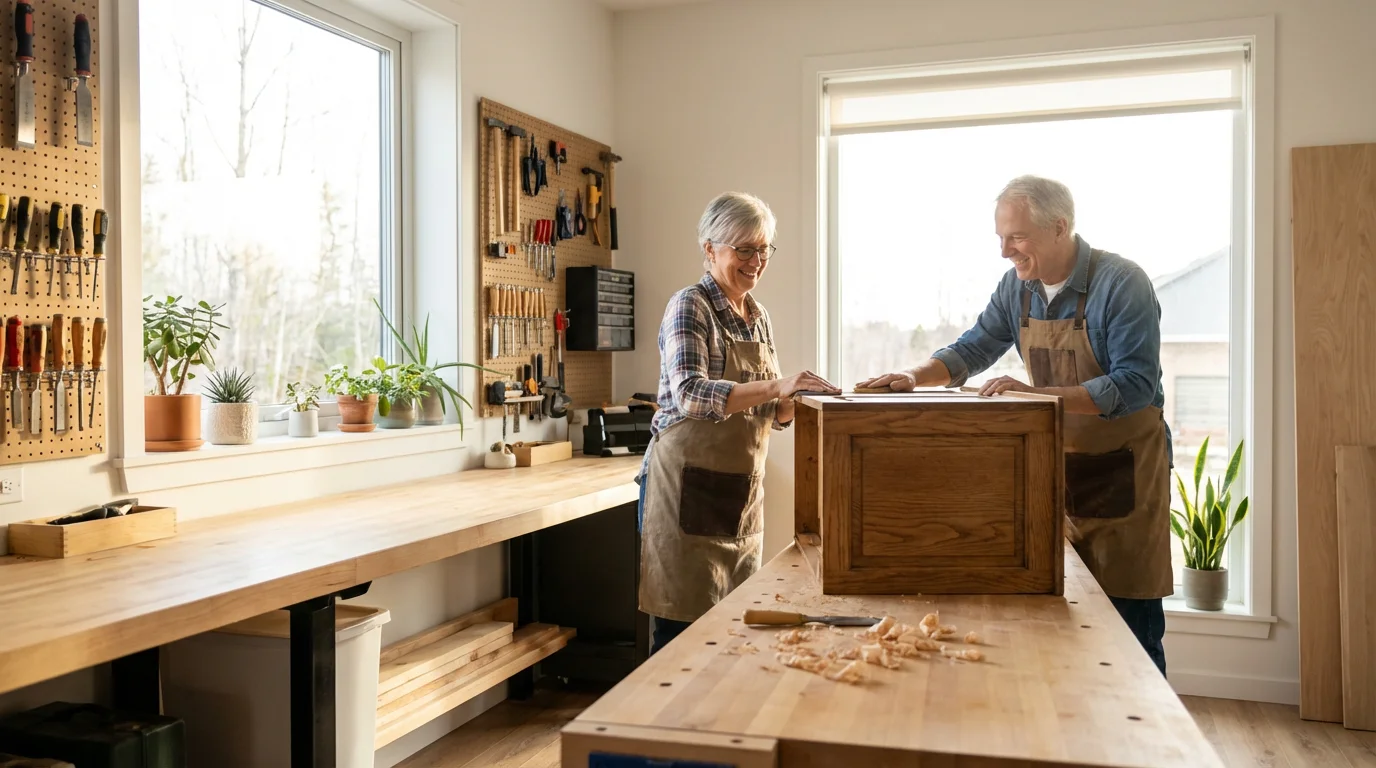 A happy couple in their early 60s restores furniture in their sunlit home workshop.