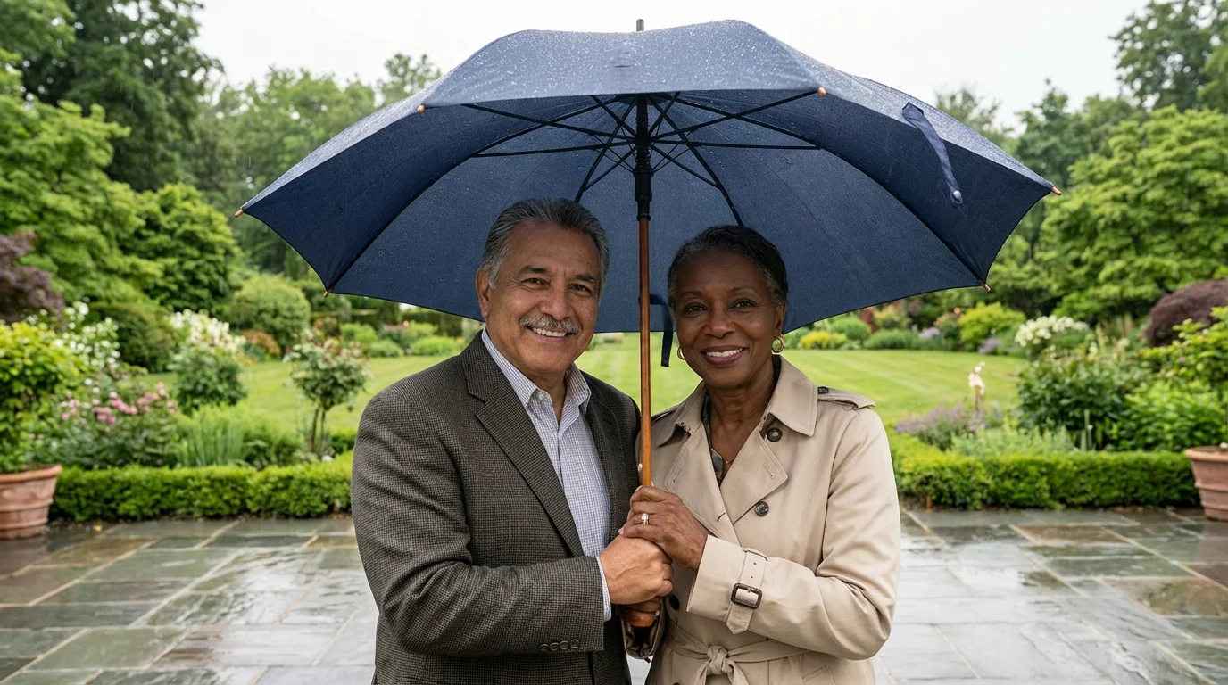 A happy mature couple stands together under a large umbrella, symbolizing financial protection.