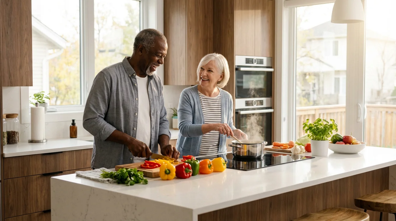 A happy senior couple cooking a healthy meal together in a sunlit modern kitchen.