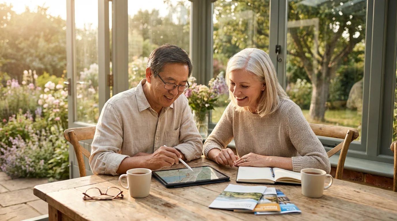 A happy senior couple sits on a sunny patio planning their retirement budget together.