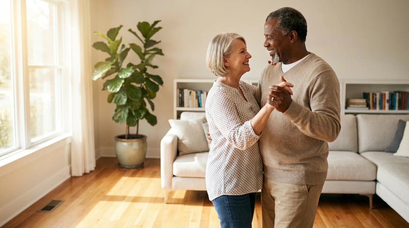 A happy senior couple slow dancing together in their sunlit living room.