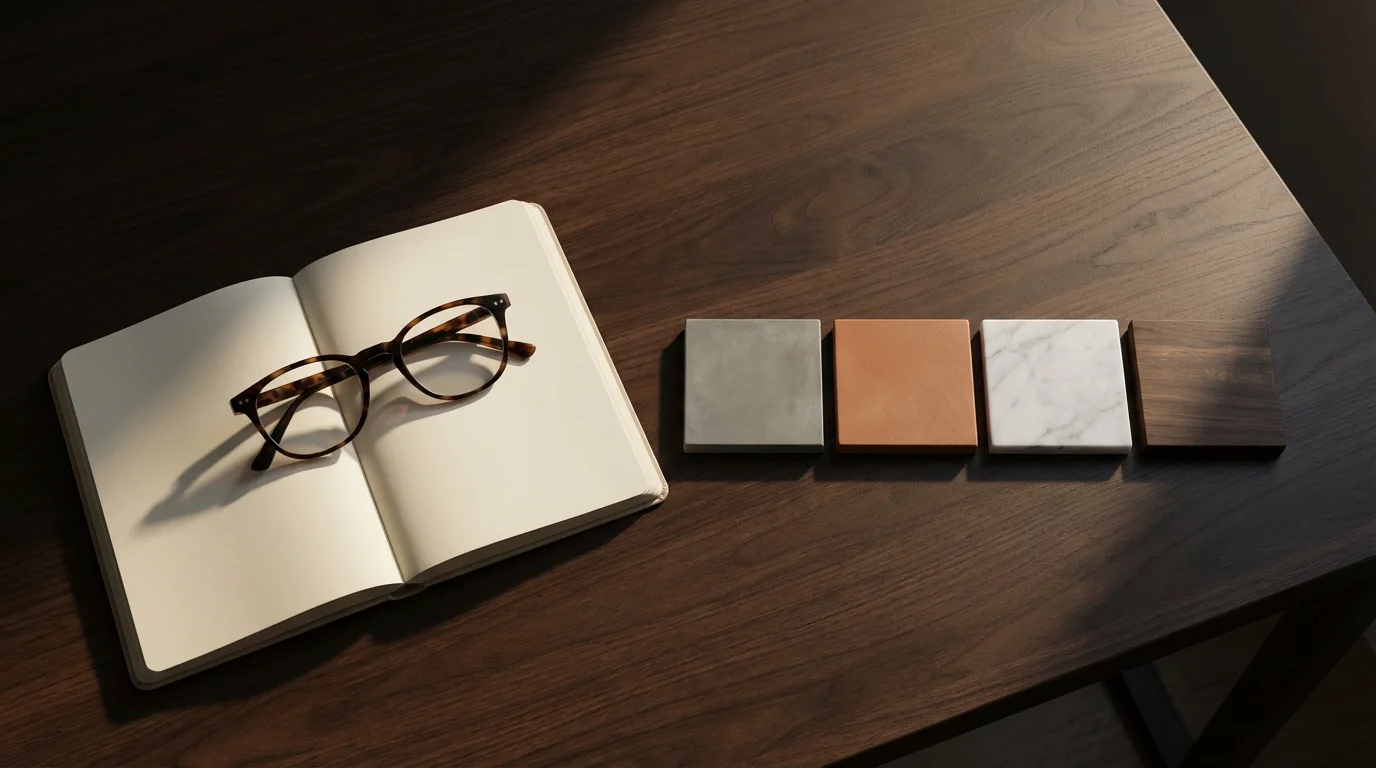 A high-angle photo of a desk with glasses, a planner, and four distinct material tiles.