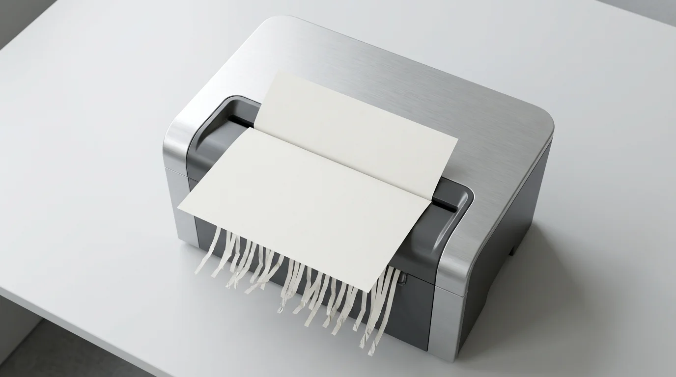 A high angle photorealistic view of blank paper entering a modern office paper shredder.