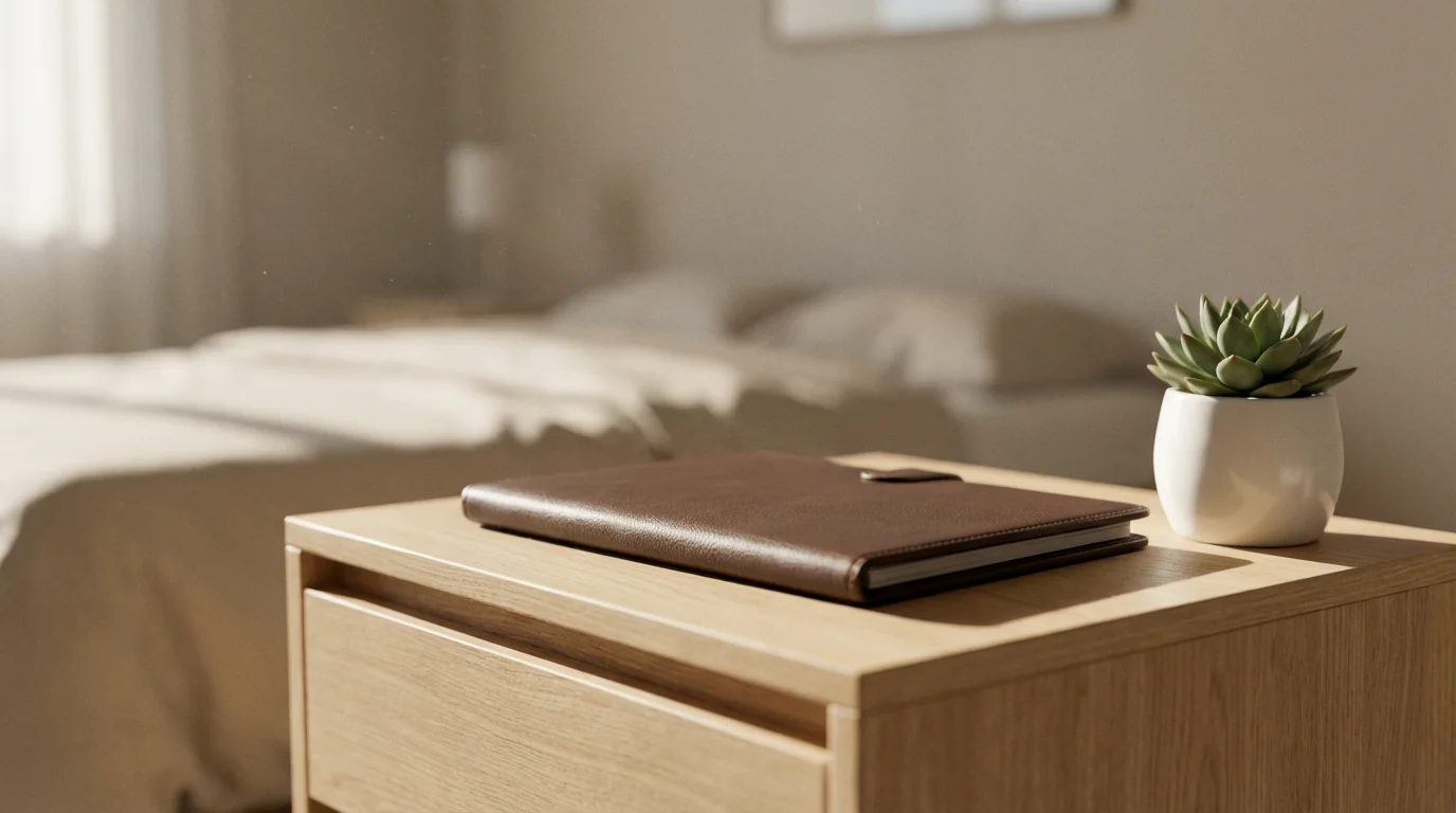 A leather document folder and a plant on a bedside table in morning light.