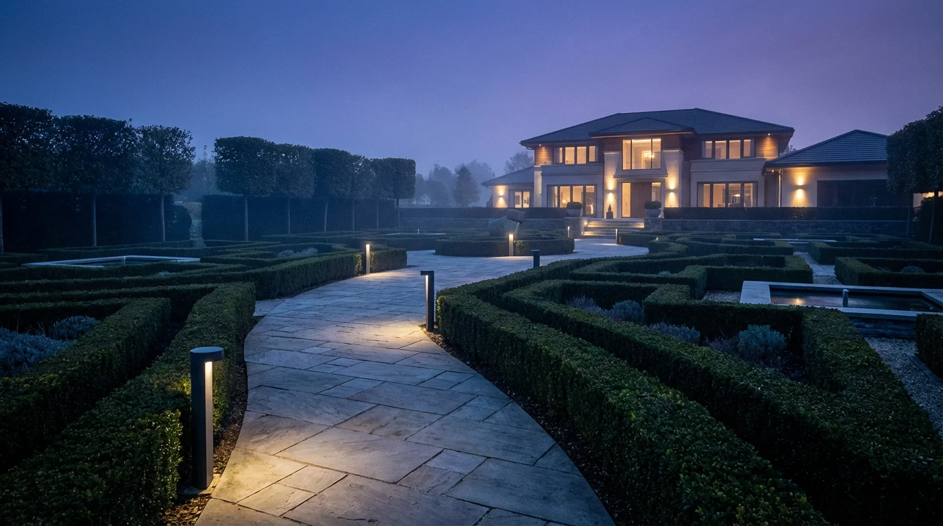 A lit stone pathway winds through a formal garden toward a modern home at dusk.