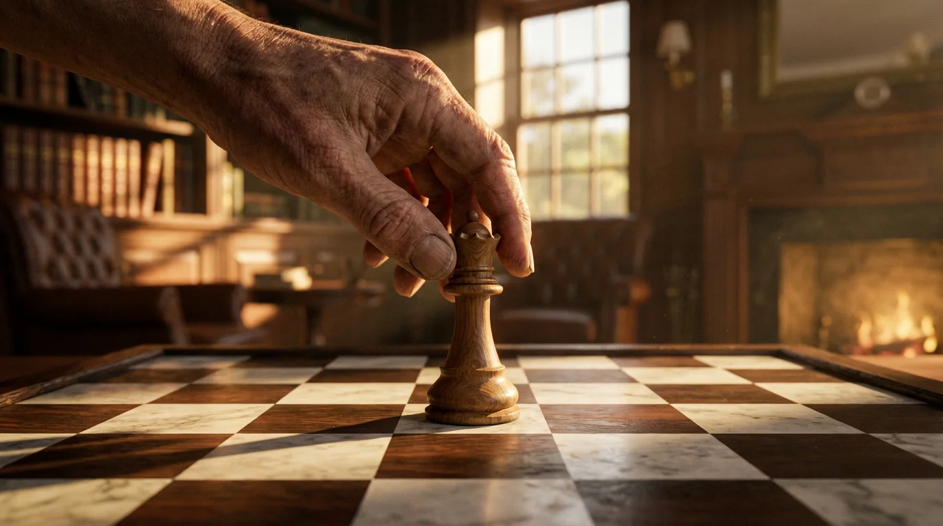 A low angle close-up of a hand strategically moving a chess piece.