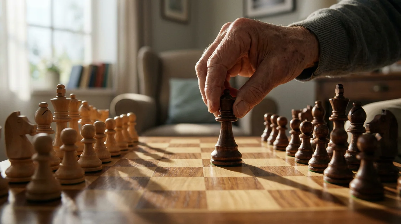 A low angle photograph of a hand strategically moving a chess piece on a board.