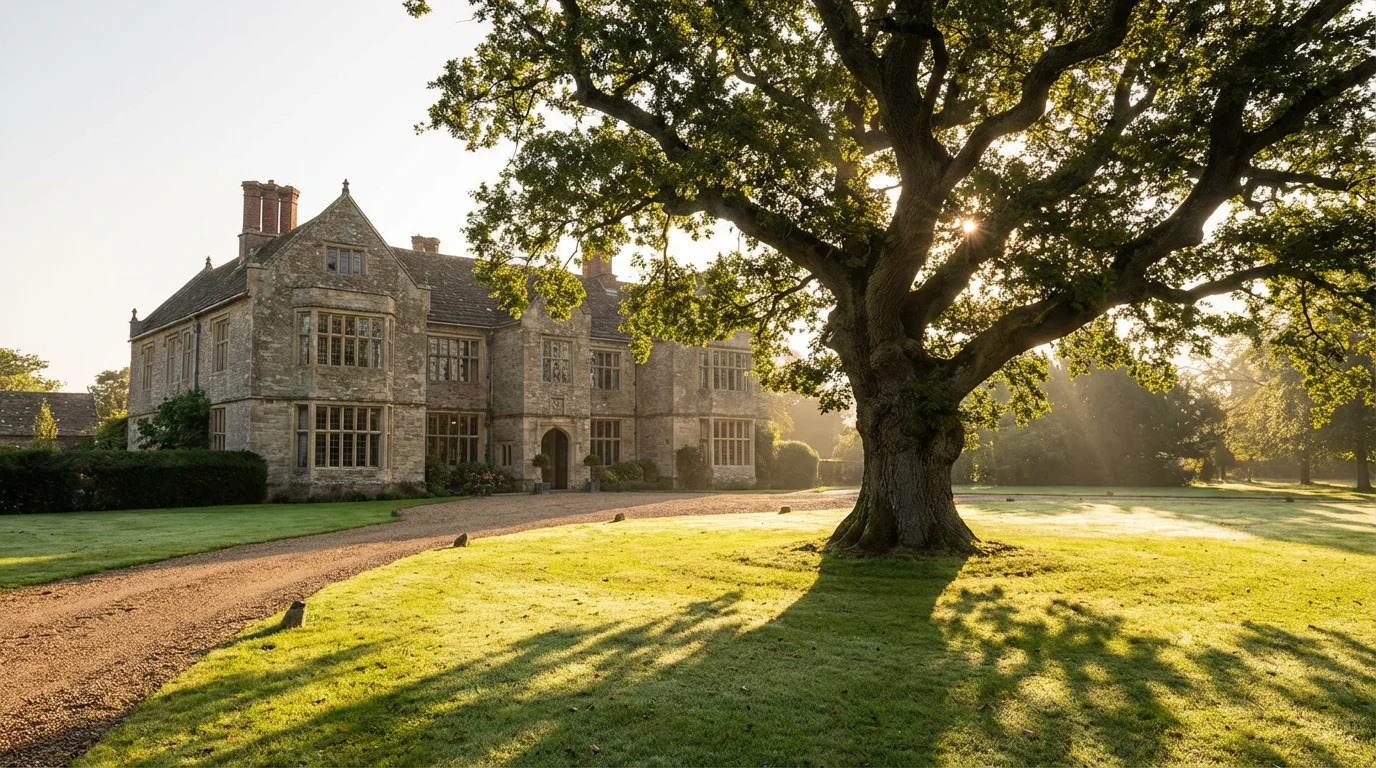 A low angle photograph of a large, stately home in soft morning light.