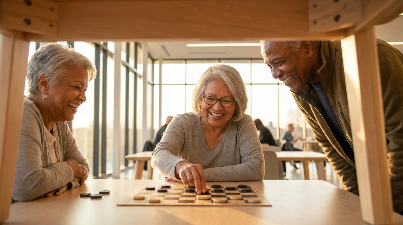 A low angle photograph of three diverse seniors joyfully playing checkers at a community center.